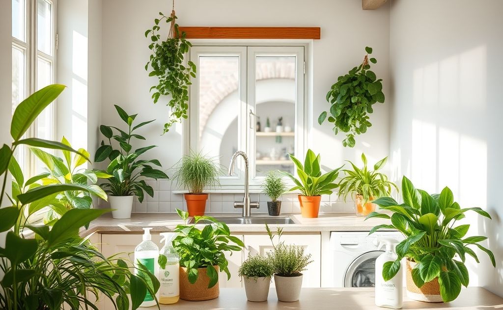 Eco-friendly cleaning products and green plants in a bright kitchen.