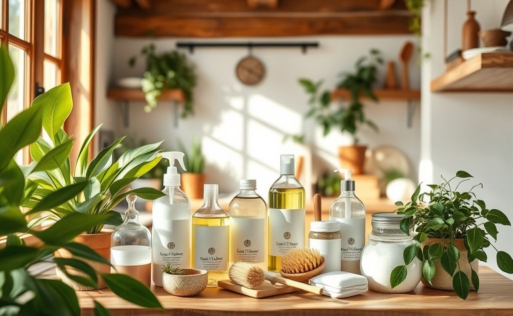 Eco-friendly cleaning products in a natural home setting
