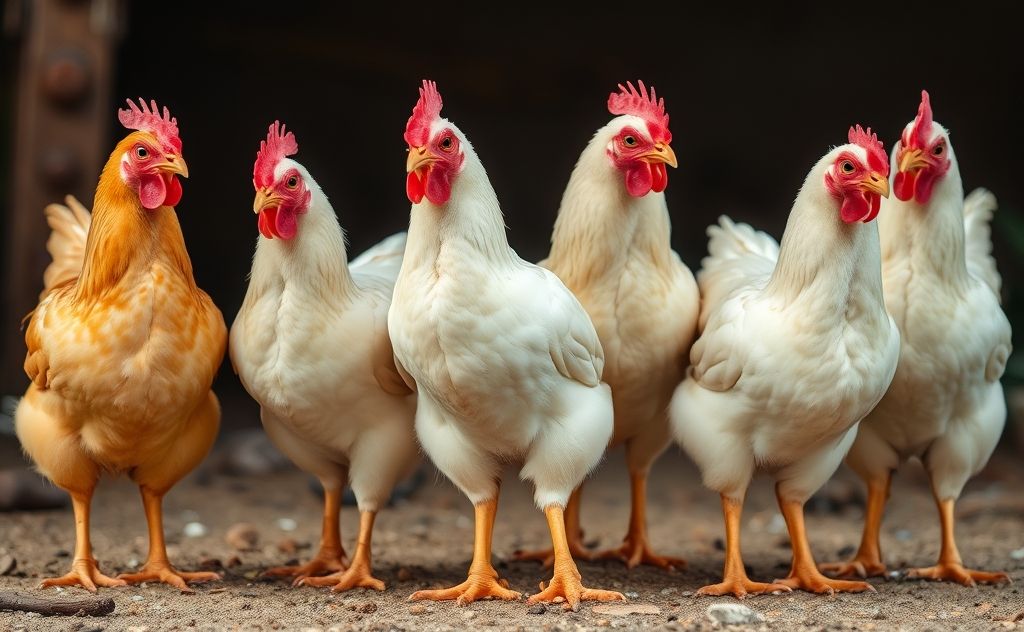 Eight chickens with a focus on their legs
