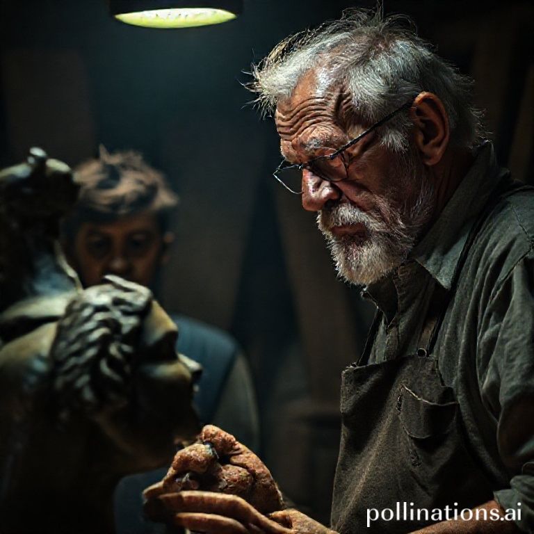 Mestre fundidor idoso inspecionando escultura, com aprendiz observando