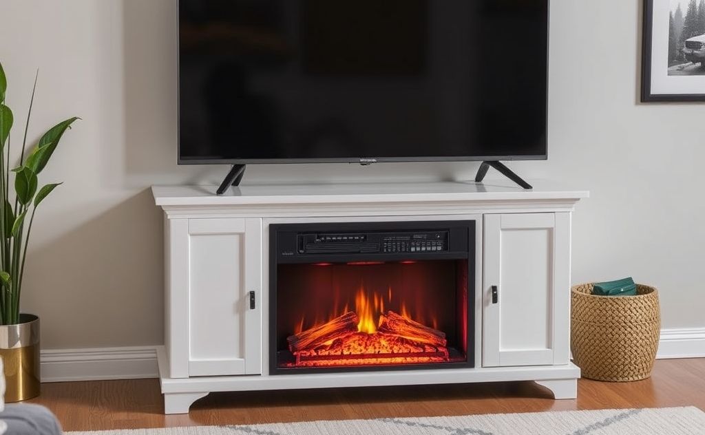 Electric fireplace in TV stand providing warmth