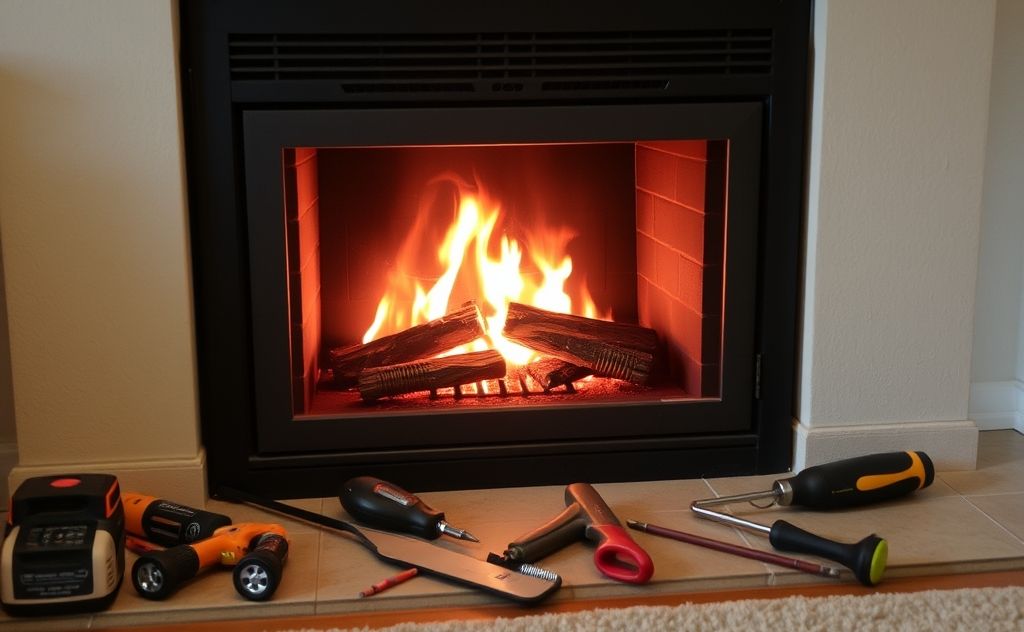 Electric fireplace repair with tools and warmth