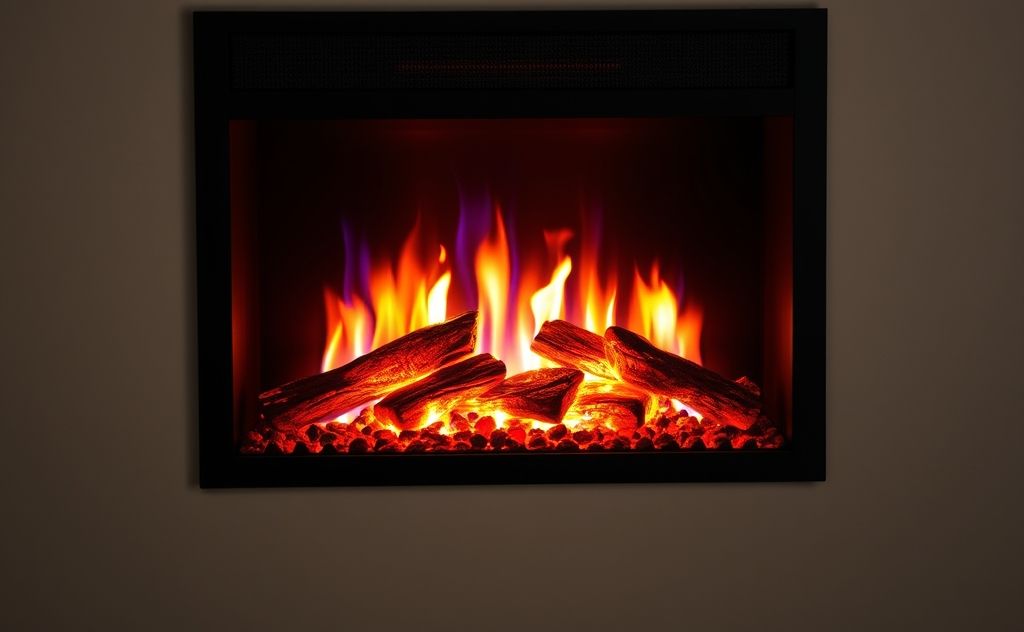 Electric fireplace with realistic artificial flames glowing.