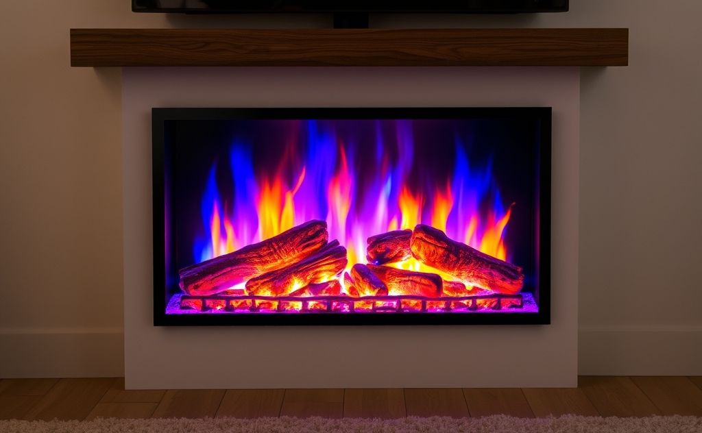 Electric fireplace with vibrant colors and textures
