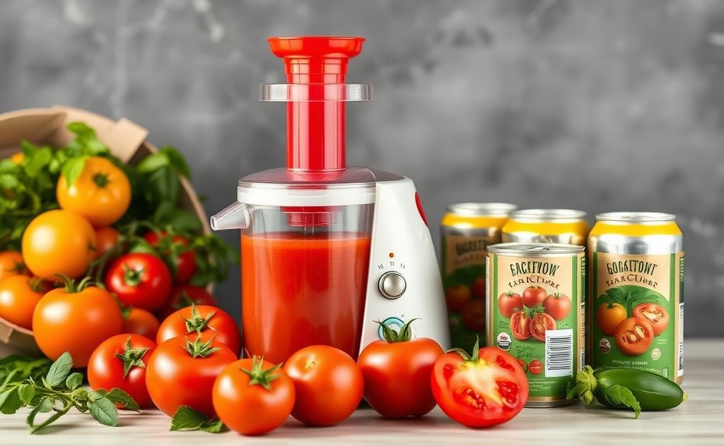 Electric tomato juicer with vibrant tomatoes and cans