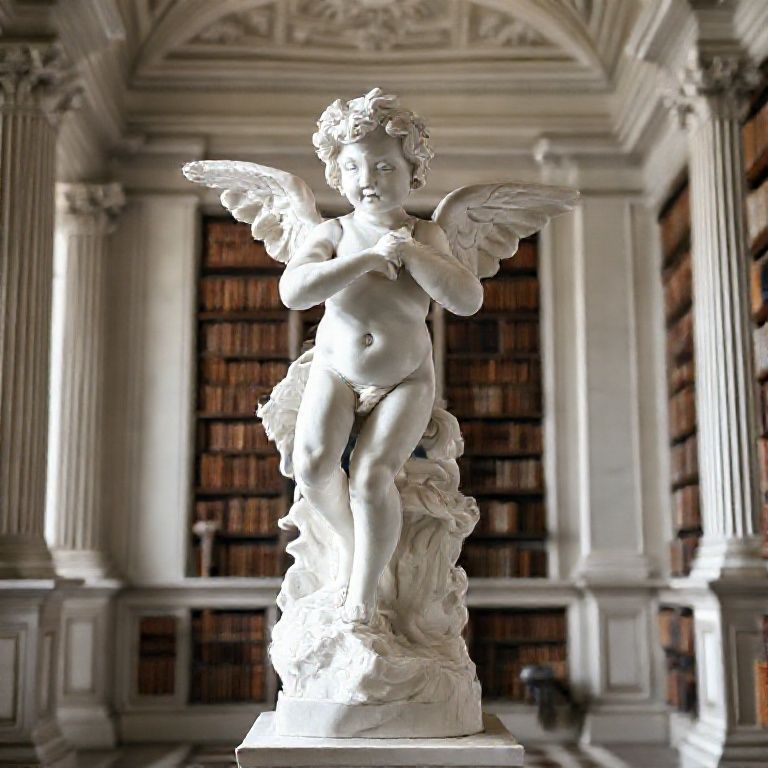Escultura de Putto Neocl&aacute;ssico em m&aacute;rmore branco em uma biblioteca antiga
