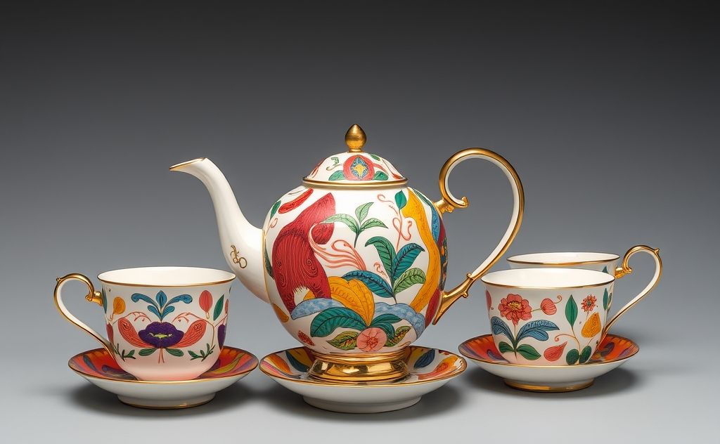 Elegant tea set with vibrant colors and artistic patterns, showcasing modern art influences.