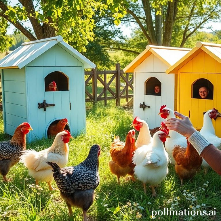 Chickens exploring nesting boxes