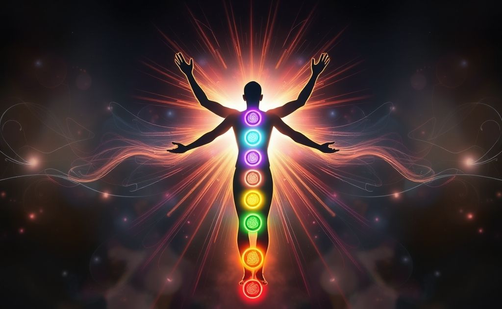 Energized figure surrounded by vibrant chakras