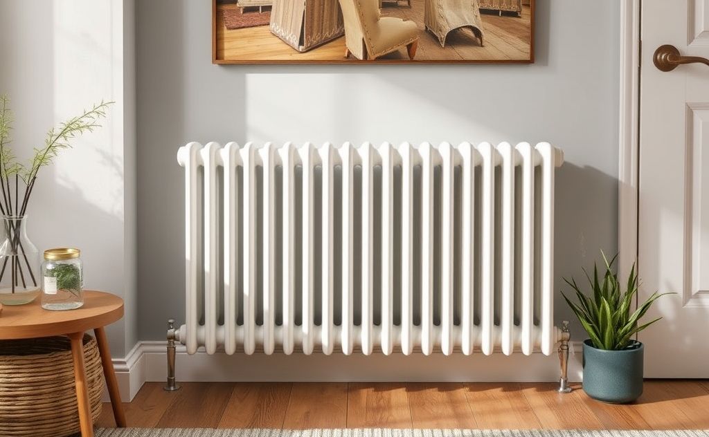 Energy-efficient hydronic radiator in a cozy home setting