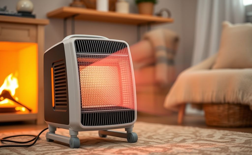 Energy-efficient portable heater in a cozy indoor setting.