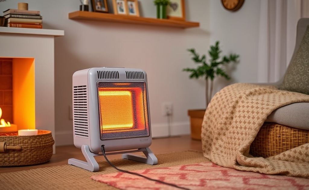 Energy-efficient space heater in a cozy room setting