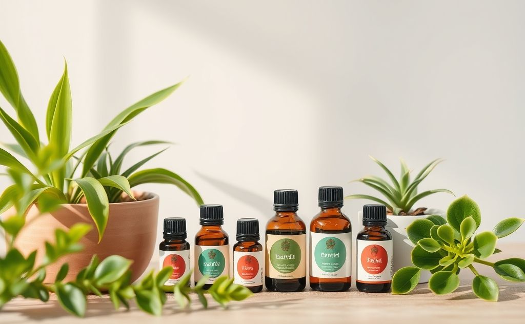 Essential oils and calming plants in a serene wellness setting.