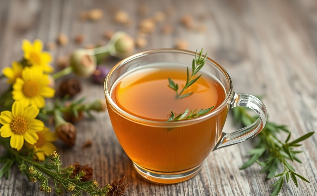 Essiac tea in a cup with herbs around it