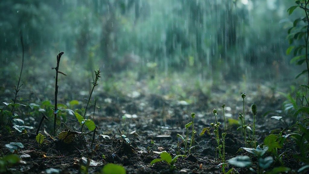 Ethereal garden after a storm. Soft, diffused light reveals a revitalized earth, cleansed by rain. Damaged plants contrast with emerging sprouts. Mystic, cinematic, 4k.