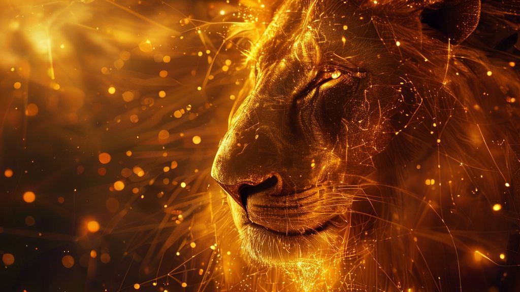 Ethereal glow surrounds a golden lion's heart, radiating warmth. Whispers of interconnected lines symbolize friendship & communication. Warm hues blend, suggesting unexpected romance and career opportunities. Mystic, 4k, cinematic.