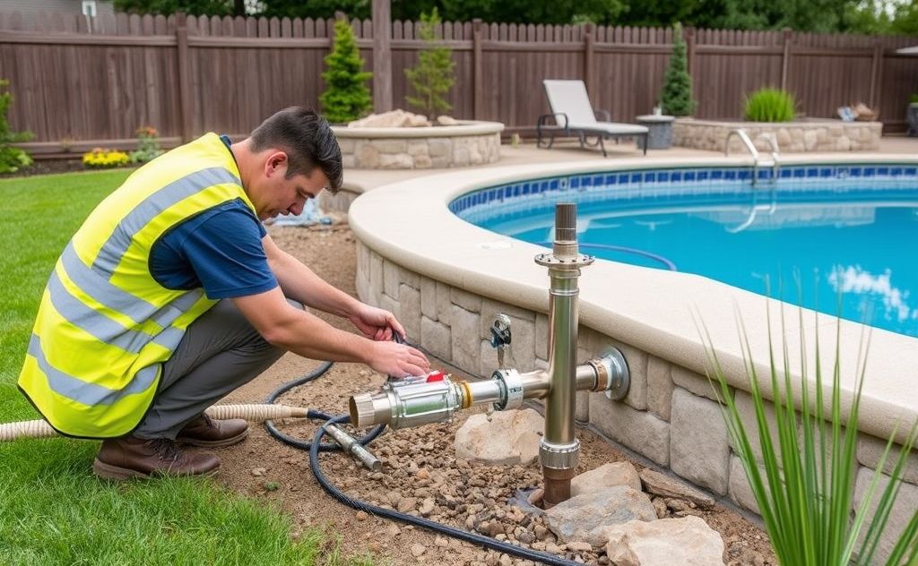 Expert installing gas lines for pool heaters in a backyard setting.