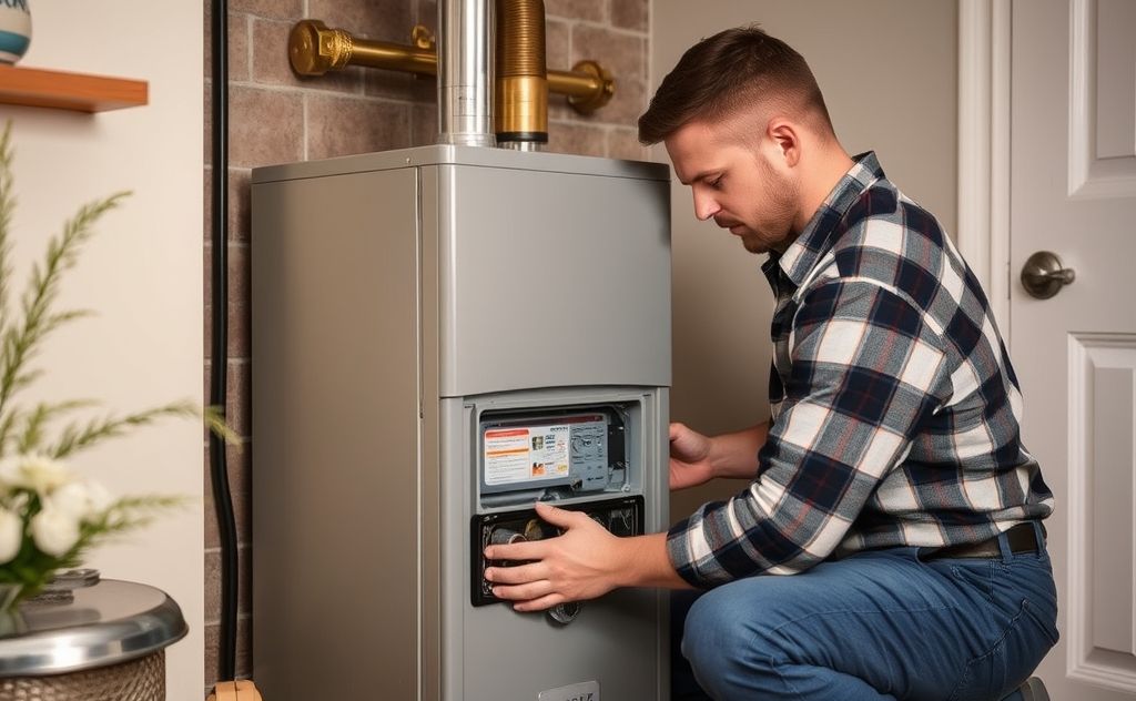 Expert technician repairing a gas heater in a cozy home setting.