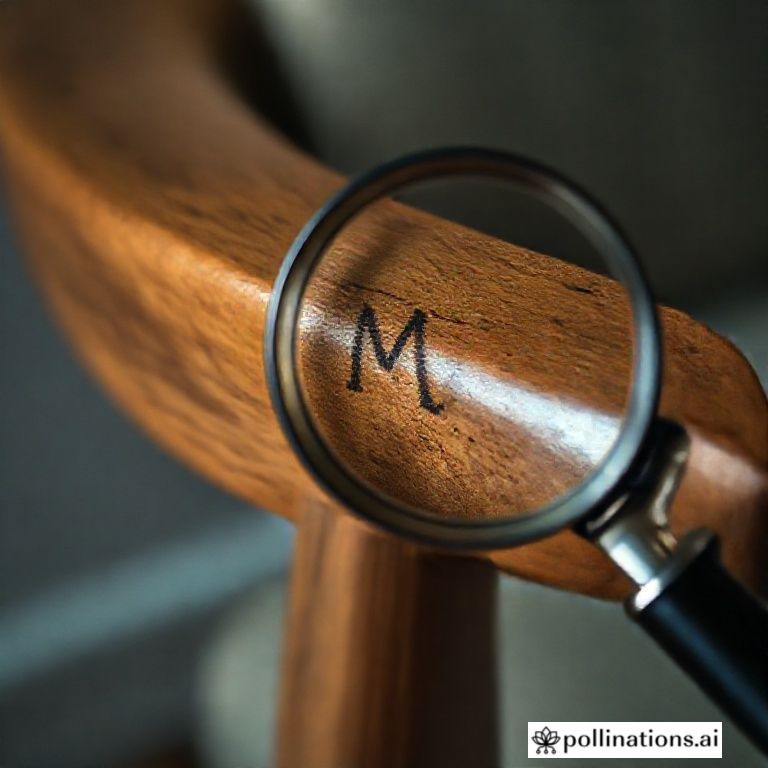 Close-up dram&aacute;tico na madeira da poltrona mostrando a inicial cifrada 'M'