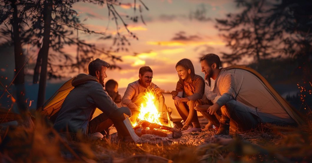 夕暮れのキャンプ場で焚き火を囲んでくつろぐ笑顔の家族