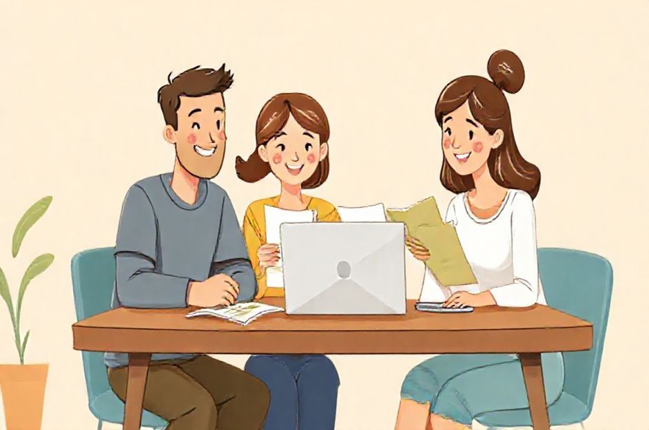 Family sitting at a table with leaflets and a laptop