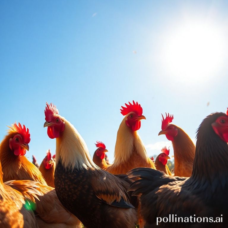 Chickens molting feathers.