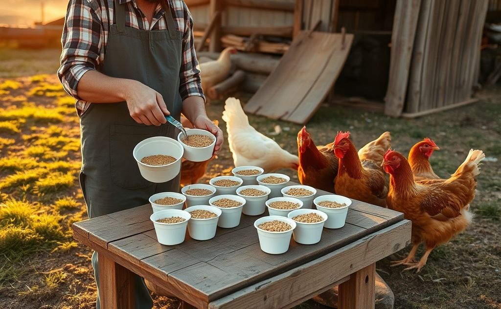 Feed chickens daily in cups based on weight