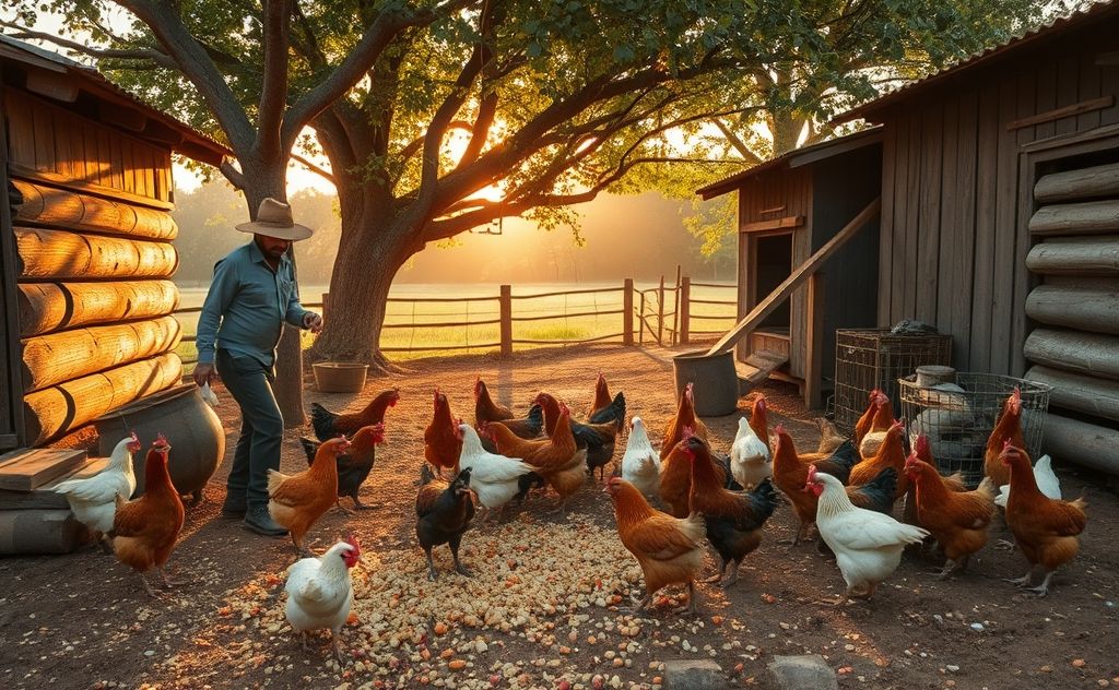 Feed chickens daily with grains and scraps