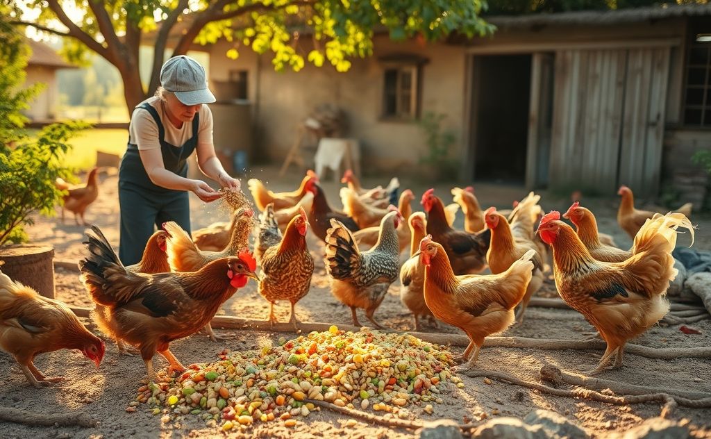 Feed chickens grains and greens daily