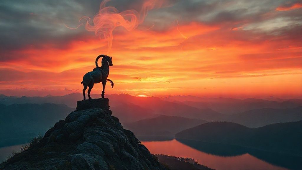 Fiery red and gold sunset illuminates a lone ram statue atop a mountain, reflecting in a tranquil lake. Wisps of ethereal smoke curl upwards, embodying purpose. Cinematic, 4k.