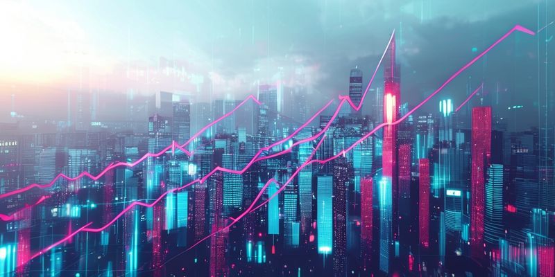 Financial market growth chart showing an upward trend with digital overlays and company logos, representing projected stock performance for 2026.
