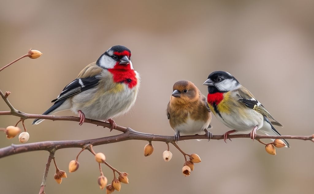 Finches and chickadees perched on branches with seeds around them.