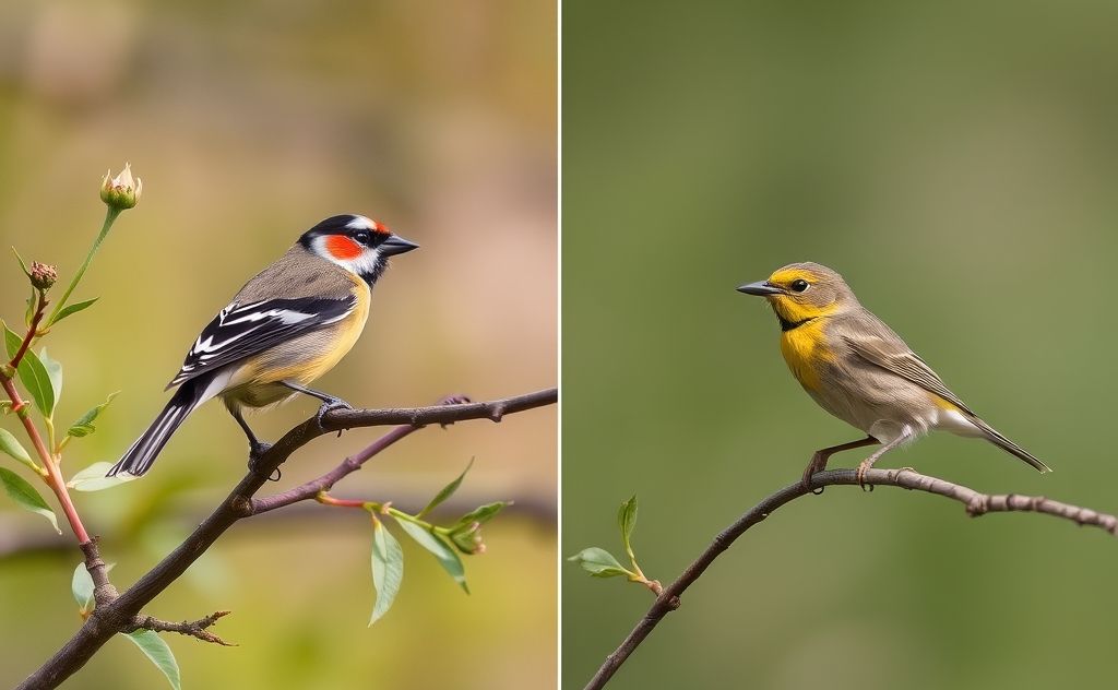 Finches and warblers in contrasting natural habitats.