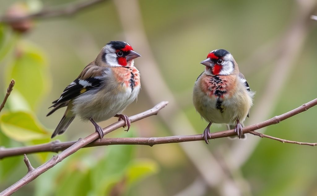 Finches perched on branches in a natural setting, showcasing their feathers.