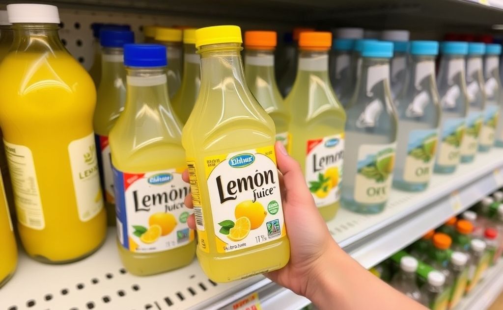 Find lemon juice in the grocery aisle near beverages.