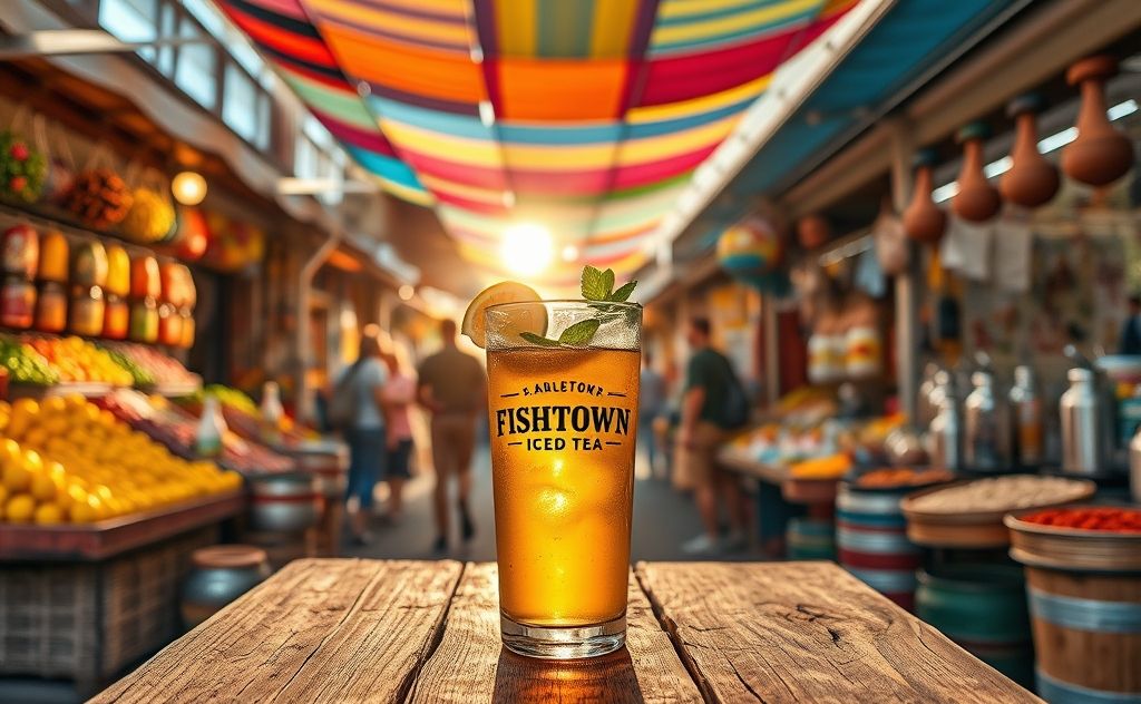 Fishtown Iced Tea in a vibrant market scene.
