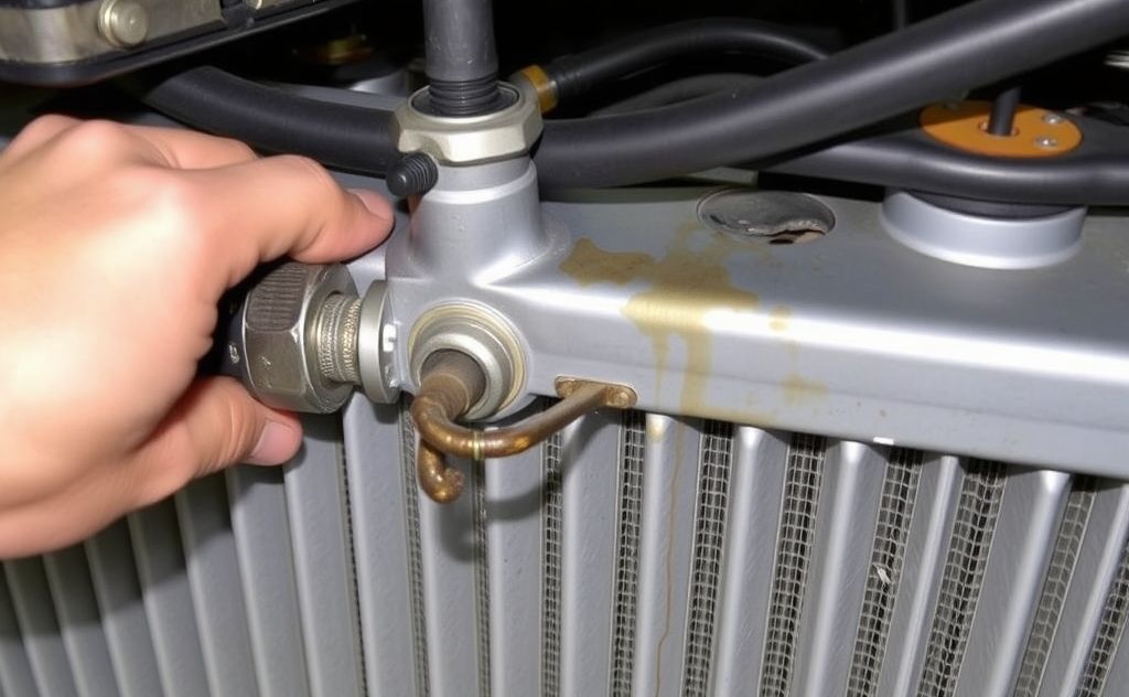 Fixing a water leak in a radiator system.