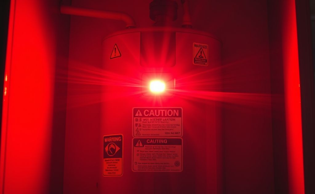 Flashing red water heater with warning signs and urgency.