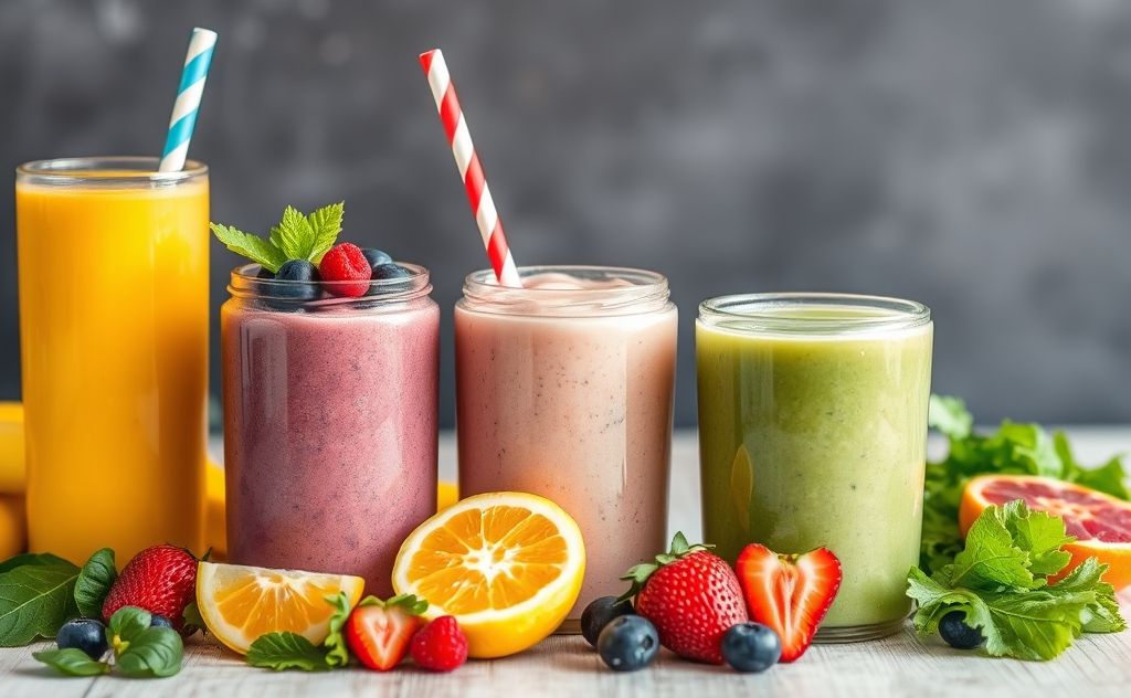 Flavorful smoothies with fresh fruits and greens
