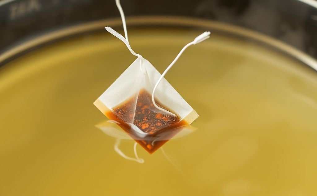 Flying tea bag floating in hot water