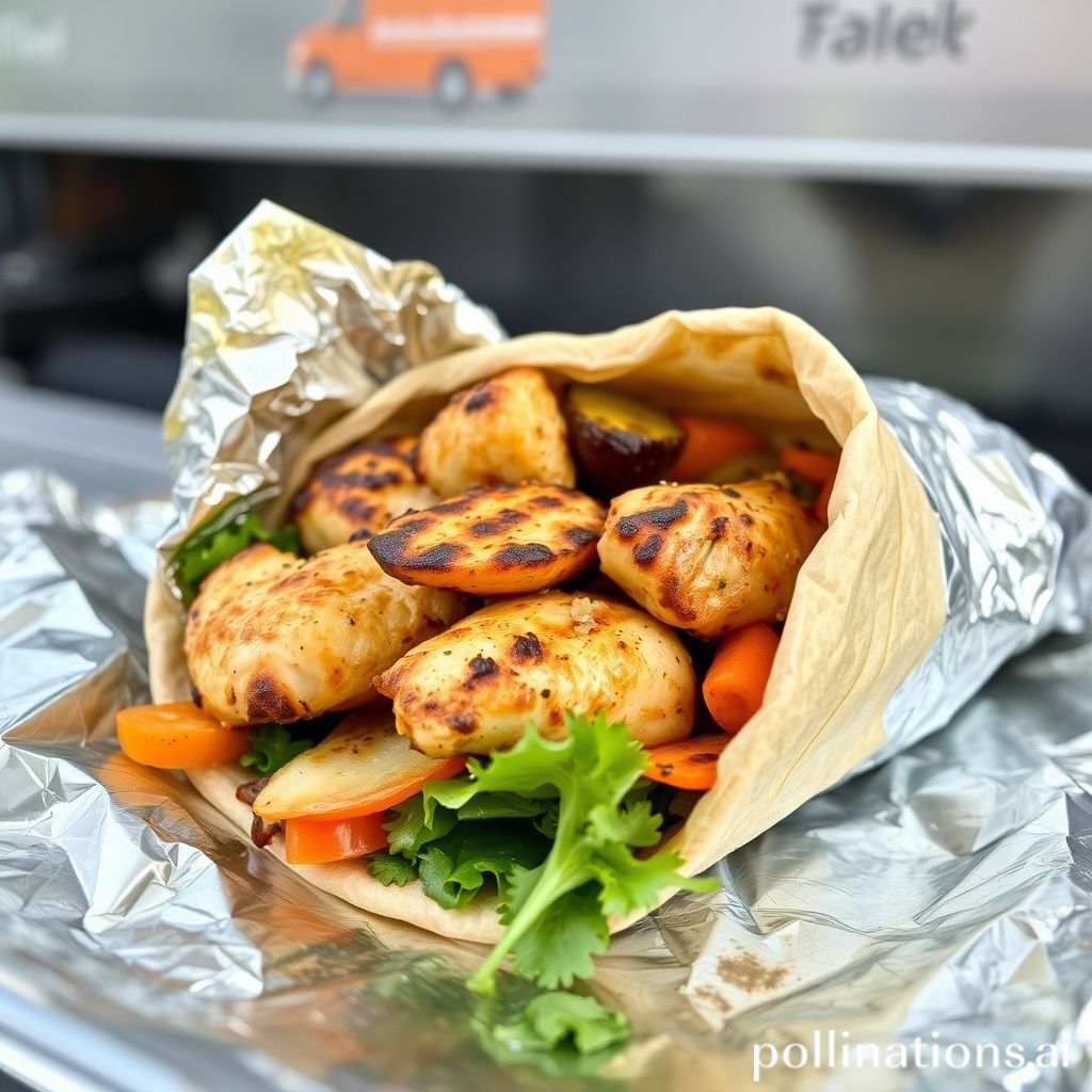 Image of food truck wrap with grilled chicken and veggies in foil wrap