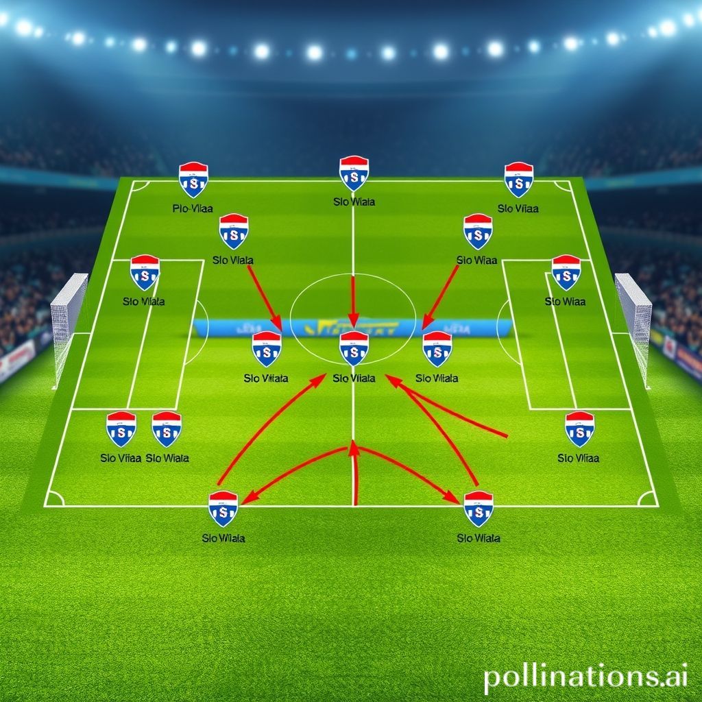 A tactical board illustrating Slovenia's predicted 4-4-2 formation, with player markers and arrows indicating defensive shape and attacking transitions.
