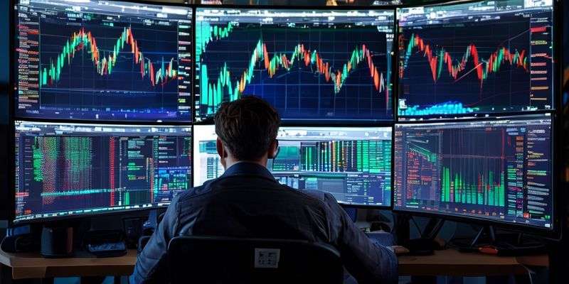 A professional Forex trader analyzing currency charts on multiple monitors, symbolizing the analytical skills and dedication required for success in the market.