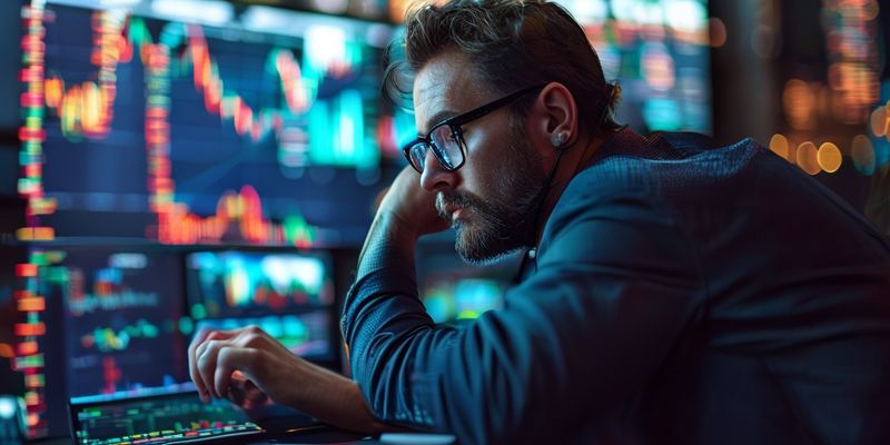 A focused forex trader analyzing charts, strategically avoiding common trading pitfalls and mistakes to make informed decisions.