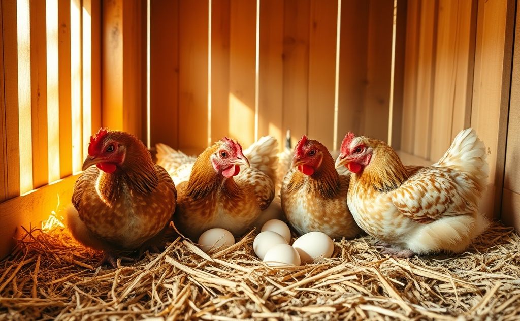 Four chickens laying eggs in a sunny coop