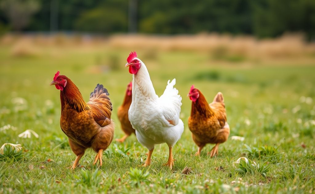 Free range chickens exploring open fields