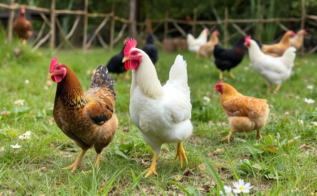 Free range chickens exploring their natural habitat