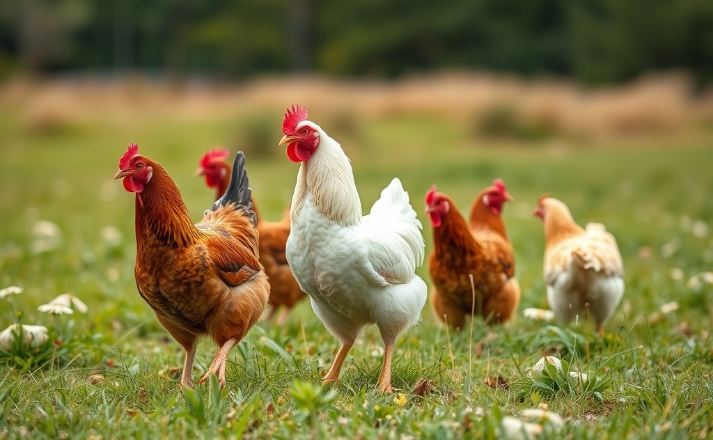 Free-range chickens foraging in open fields