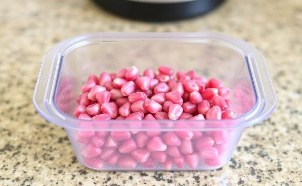 Freeze fresh pomegranate seeds in a clear container