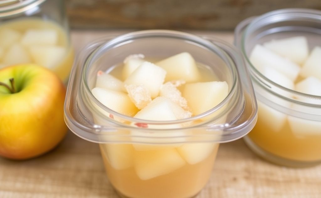 Freezing fresh apple juice in a clear container